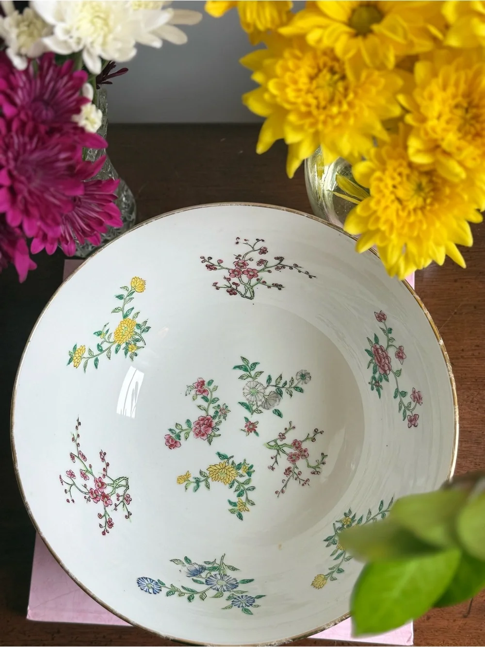 Floral Porcelain Serving Bowl in White with Multicolor Flower Motif